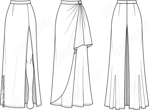 High slit women’s long skirts fashion CAD, draped wrap and flared hem flat vector technical sketch with waistband detail