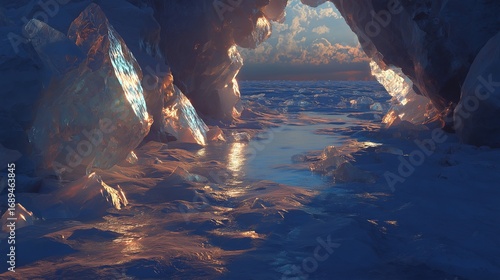Subglacial rivers of glowing liquid flow beneath geometric ice, casting surreal refractive light patterns.