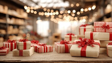decorated merry christmas table with gifts boxes in warehouse interior background many presents wrapped with red ribbons and letters on desk in storage xmas postal shipping delivery concept no logos 