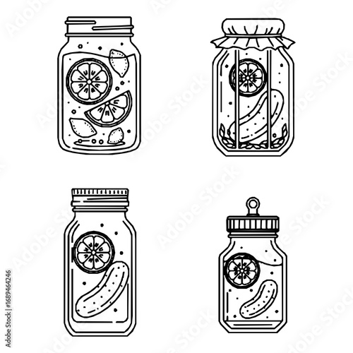 Glass Jars with Fruits Line Illustration