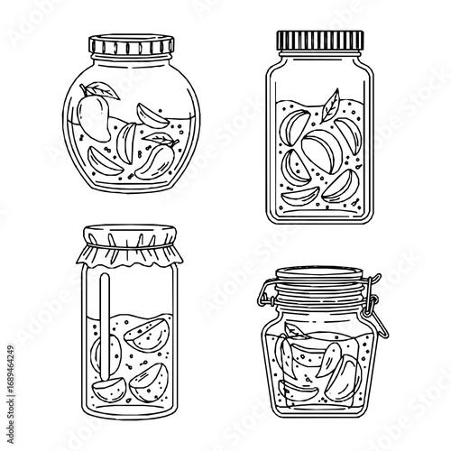 Four line-drawn illustrations of jars containing pickled or preserved slices of fruits or vegetables