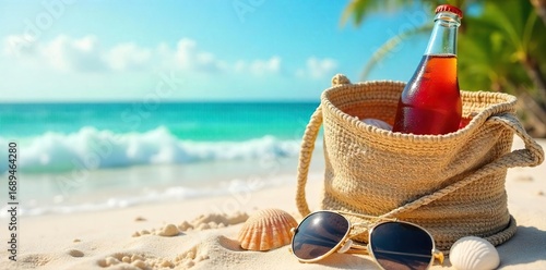Ice-cold soda bottle in a beach bag, sunglasses, and seashells on a sun-drenched beach Perfect for summer refreshment and vacation vibes , vacation, ocean, coast