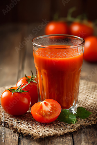 Rich Tomato Juice in a Glass, a Rustic Still Life with Fresh Tomatoes and Parsley on Burlap.
