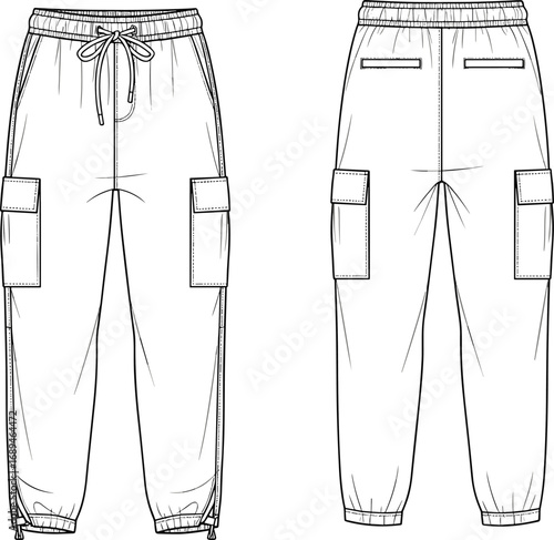 Cargo jogger pants front and back view, drawstring waist, pocket detail, elastic hem, technical flat vector fashion sketch