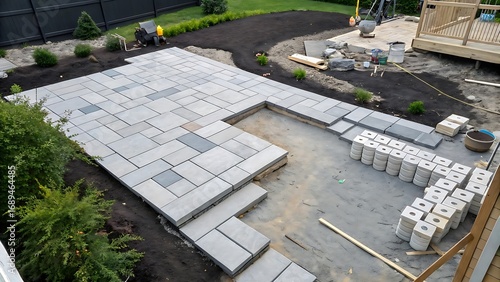 Obraz na płótnie Grey Flagstone Patio Installation in Progress Backyard Landscaping Project