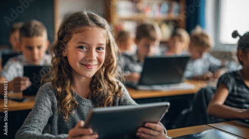 happy smiling teen elementary schoolgirl studying looking at tablet device sitting in classroom with group of schoolchildren using laptop computers modern technologies for education concept no logos 