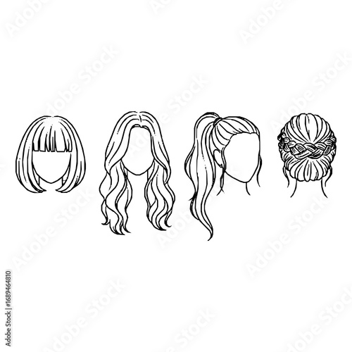 Illustration of four distinct hairstyles, each depicted in black and white line art. The first is a short bob with bangs