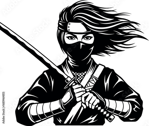 Dynamic vector illustration of a mysterious female ninja assassin with a katana sword. Monochrome black and white design with a warrior aesthetic, perfect for martial arts themes.