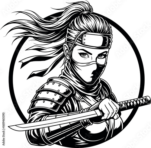 Powerful vector portrait of a female samurai or ninja warrior with a katana. Black and white illustration with armor details and a circular frame, great for logos and mascots.