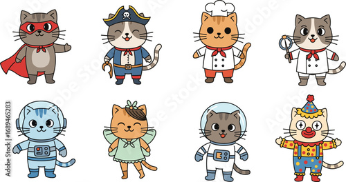 Cute Cartoon Cats in Various Professional and Fantasy Costumes Including Astronaut, Chef, Pirate, Fairy, Clown and Superhero Outfits