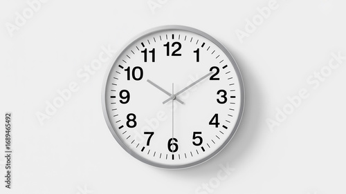 Close-up of a modern white wall clock with black numbers and hands time watch