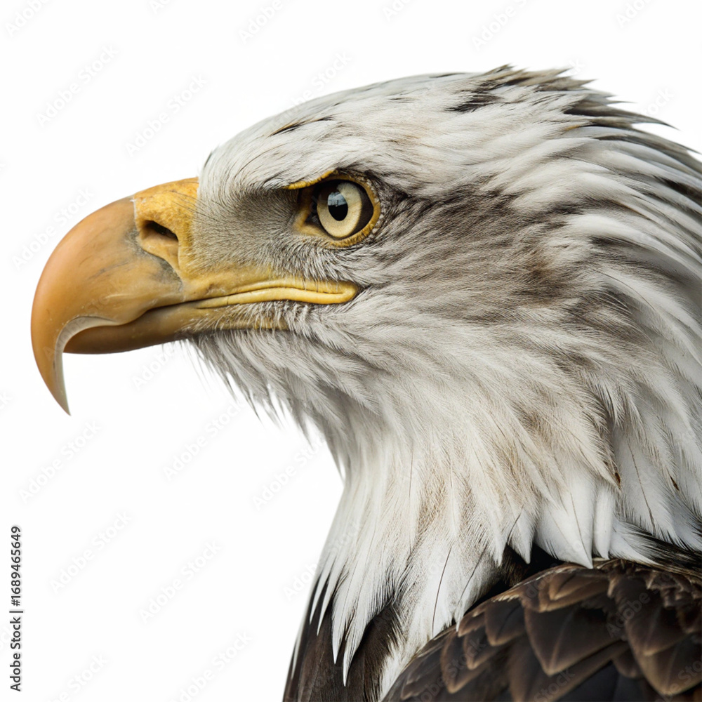 Obraz premium Majestic bald eagle profile showcases keen eyesight and powerful beak, symbolizing freedom and strength.