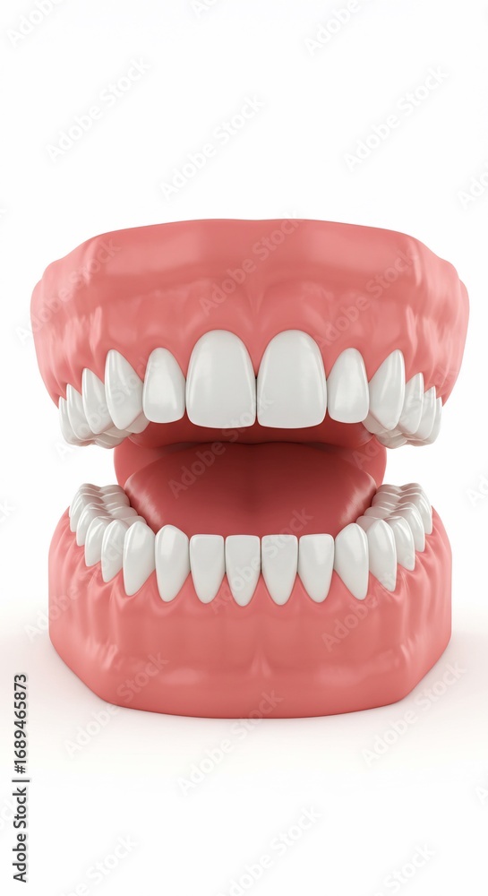 Obraz premium Close up studio shot of a realistic set of human dentures or false teeth against a white background
