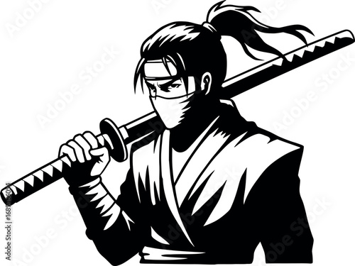 Strong male ninja warrior mascot holding a katana over his shoulder. Dynamic vector illustration in a bold black and white design with a determined pose.
