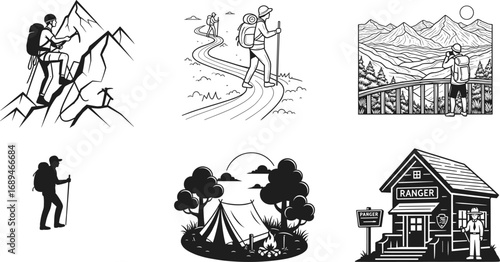 Minimalist line-art hiking and camping vector collection showing mountain climbing, trail trekking, scenic lookout, camping and ranger station scenes