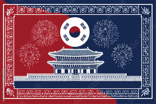 Korean Palace Illustration with Taegeuk and Fireworks Celebrating National Pride and Heritage in Style