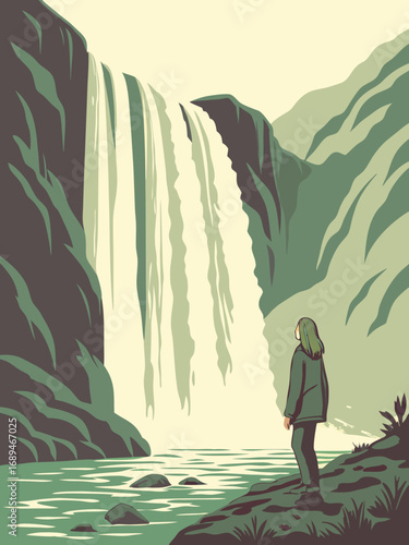 a woman admires the waterfall. view from afar