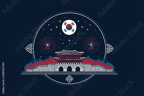 Korean Traditional Palace Vector Illustration with Fireworks and Flag for Culture and Celebration