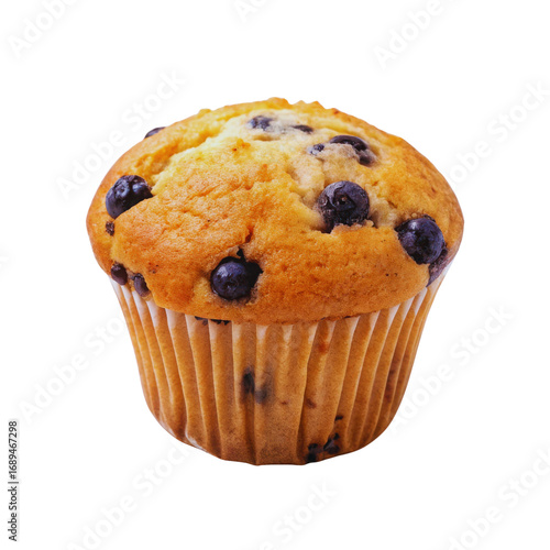 Delicious golden baked blueberry muffin with blueberries showing on a plain background transparent background