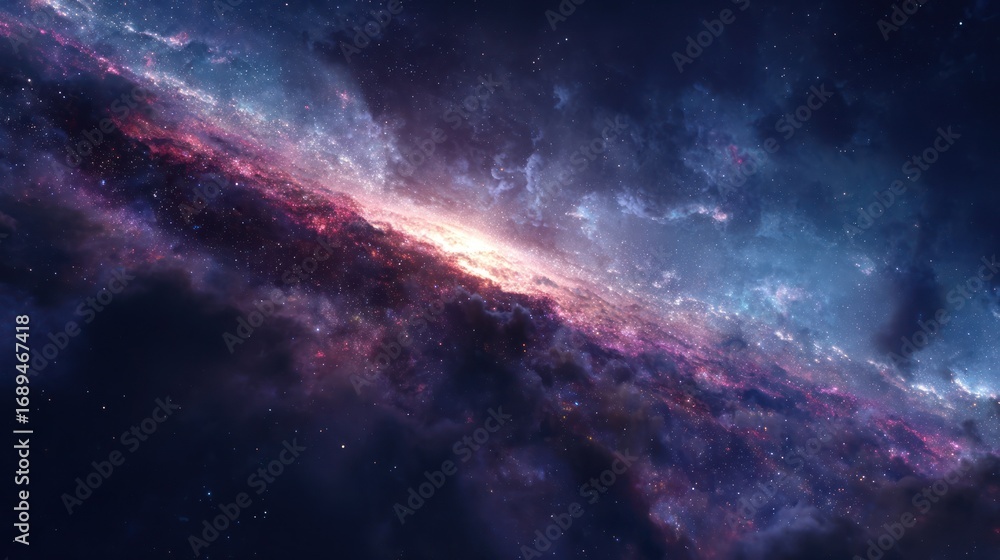 Fototapeta premium Vibrant galaxy scene, with bright core and swirling dust clouds in blues, purples, and pinks