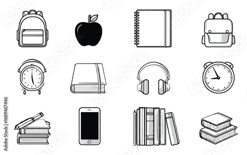 Line art style school supplies illustration with apple books backpack notebook clock headphones and mobile phone