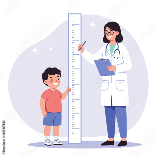 Female pediatrician measuring young boy’s height with medical ruler, representing pediatric healthcare, growth monitoring, preventive medicine, hospital clinic wellness, and child development care.