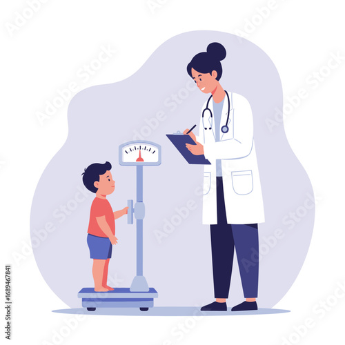 Female pediatrician measuring young boy’s weight with medical scale. Representing child healthcare, growth monitoring, hospital wellness, safe clinic environment, and preventive pediatric care.