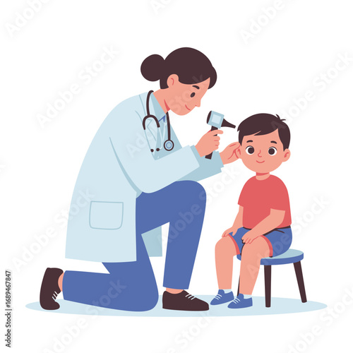Female pediatrician examining young boy’s ear with otoscope. Representing pediatric healthcare, child diagnosis, safe hospital environment, prevention, wellness care, and children’s health monitoring.