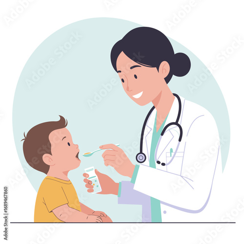 Female pediatrician giving oral medicine to baby boy. Symbolizing pediatric healthcare, child treatment, safe hospital environment, prevention, doctor-patient trust, and children’s wellness care.