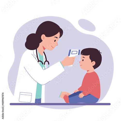 Female pediatrician measuring temperature of young boy with digital infrared thermometer. Symbolizing pediatric healthcare, child wellness, prevention, safe hospital environment. doctor-patient trust