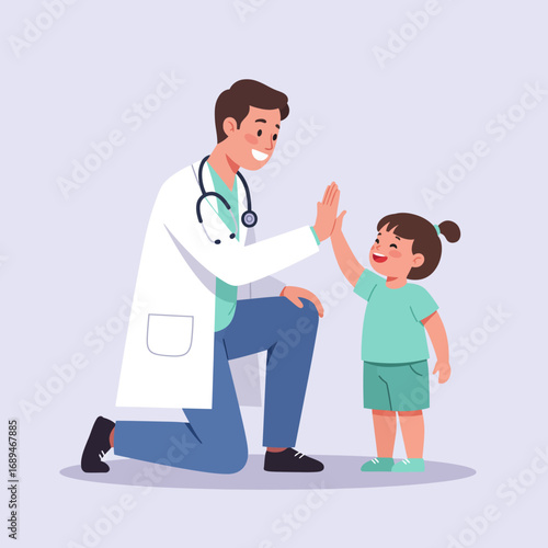Male pediatrician giving high five to young girl, symbolizing trust, child-friendly healthcare, pediatric wellness, positive doctor-patient relationship, safe hospital environment, and pediatric care 