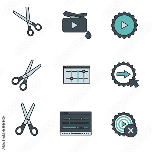 Flat Vector Video Editing & Post-Production Icon Set – Cut Scissors, Timeline Bar, Export Arrow, Watermark Logo – Essential Creative Assets