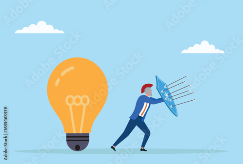 Vector illustration of a businessman using a shield to protect a light bulb from arrows, representing safeguarding ideas, innovation, and creative solutions from threats and challenges
