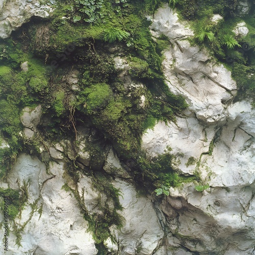 Lush Green Moss Growing on Rocky Stone Wall Texture