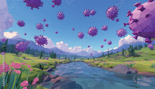 Low poly landscape with river flowers trees mountains and floating coronavirus particles creating an ominous atmosphere