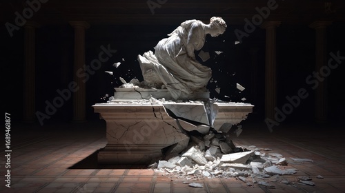 Crumbling marble statue of draped figure amidst shattered pieces in shadowy hall