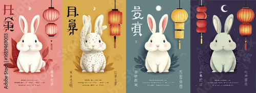 Lunar New Year Celebration with Cute Rabbit Illustrations and Traditional Lanterns in Varied Pastel Backgrounds Chinese Zodiac Theme