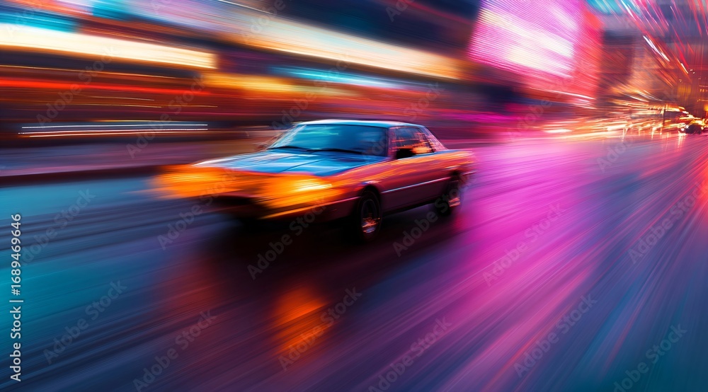 Fototapeta premium A car speeding through a city street at night with motion blur creating light streaks. Neon urban nightlife and loneliness concept.