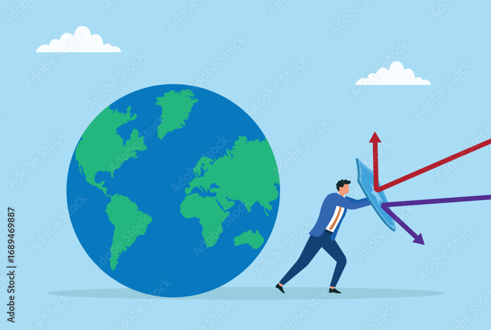 Obraz premium Vector illustration of a businessman using a shield to protect the globe from harmful rays, symbolizing global protection, safety, and responsibility 