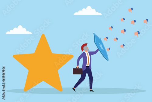 Vector illustration of a businessman holding a shield to block negative feedback and dislikes while moving forward with determination toward growth, success, and achievement
