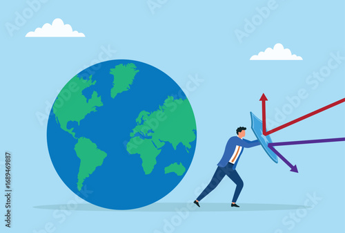 Vector illustration of a businessman using a shield to protect the globe from harmful rays, symbolizing global protection, safety, and responsibility
