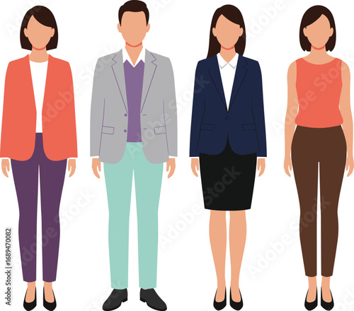 Flat illustration of diverse professionals in business and casual attire standing side by side for workplace, fashion, or team concept