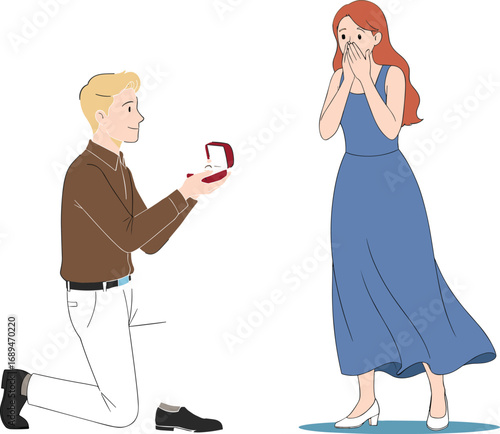 Romantic marriage proposal moment with man kneeling and offering engagement ring to surprised woman in cartoon vector illustration style