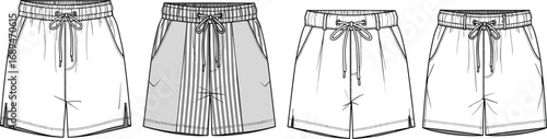 Mens swim shorts front and back technical flat sketch with drawstring waist and pocket detail, cad vector fashion template