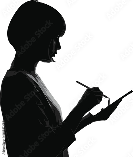 Silhouette of person using digital tablet with stylus for creative drawing, writing, or productivity in modern technology vector illustration