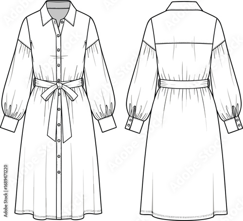 Women's belted shirt dress with puff sleeve, front and back fashion flat sketch, button down, collar detail, cad drawing illustration