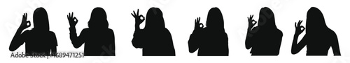 Set of flat vector silhouettes showing woman making OK hand sign, sign language gesture for approval and agreement, minimal black icons for education, awareness, communication design