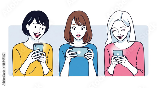 Young Women with Smartphone Vector Set | Three Happy Female Friends Using Mobile Phone Illustration