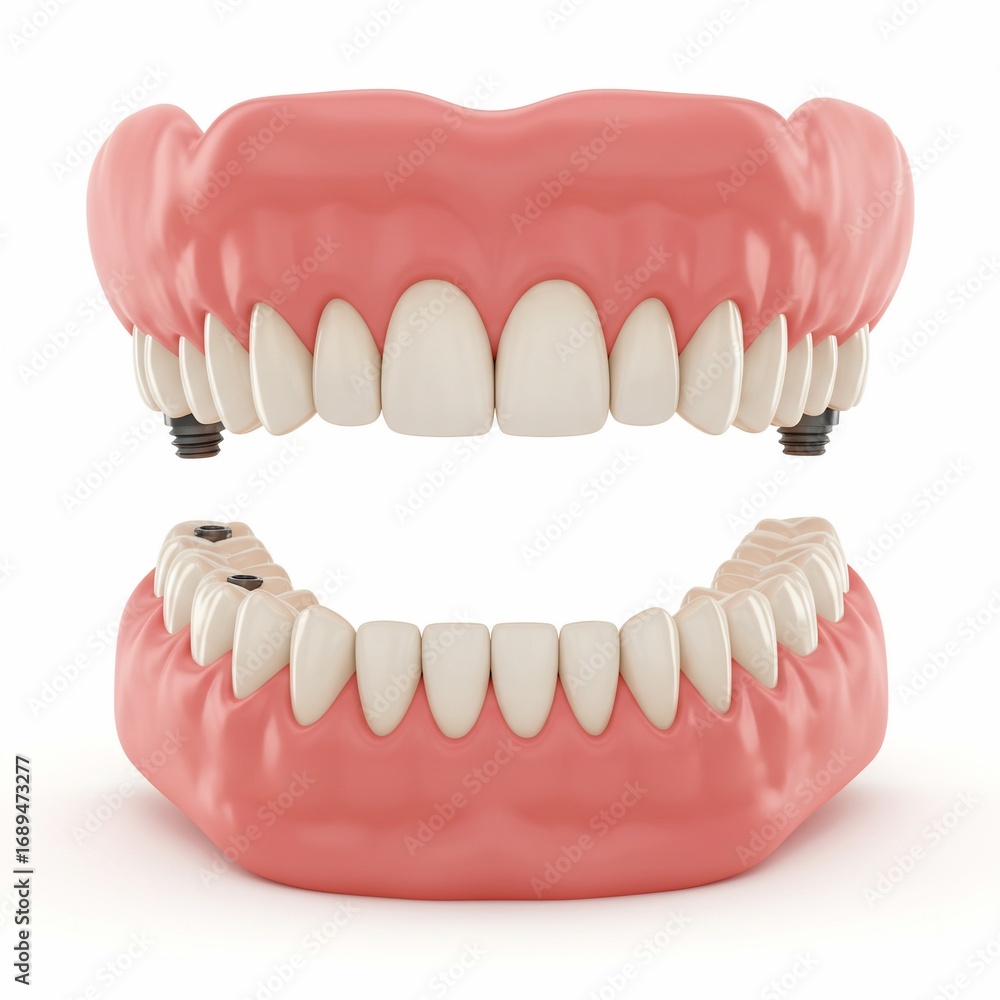Obraz premium Realistic dental prosthetic dentures showing upper and lower jaw with white teeth on white background