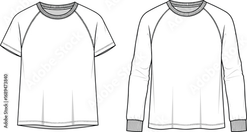 Men's short and long sleeve raglan t-shirt fashion technical flat, front view apparel sketch, clothing design, cad vector illustration